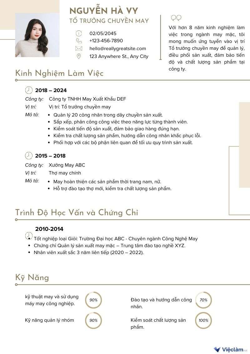 Mẫu CV dành cho thợ may nhiều năm kinh nghiệm