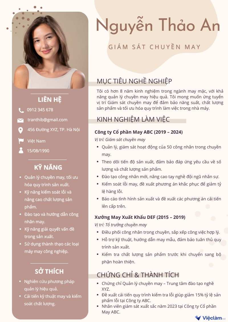 Mẫu CV dành cho vị trí quản lý giám sát may