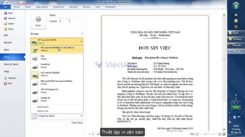 Cách viết đơn xin việc trên Word