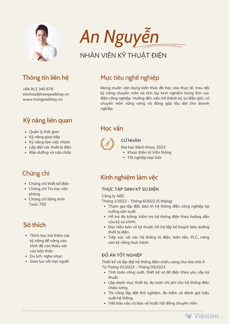 Mẫu CV dành cho kỹ sư điện mới ra trường 1