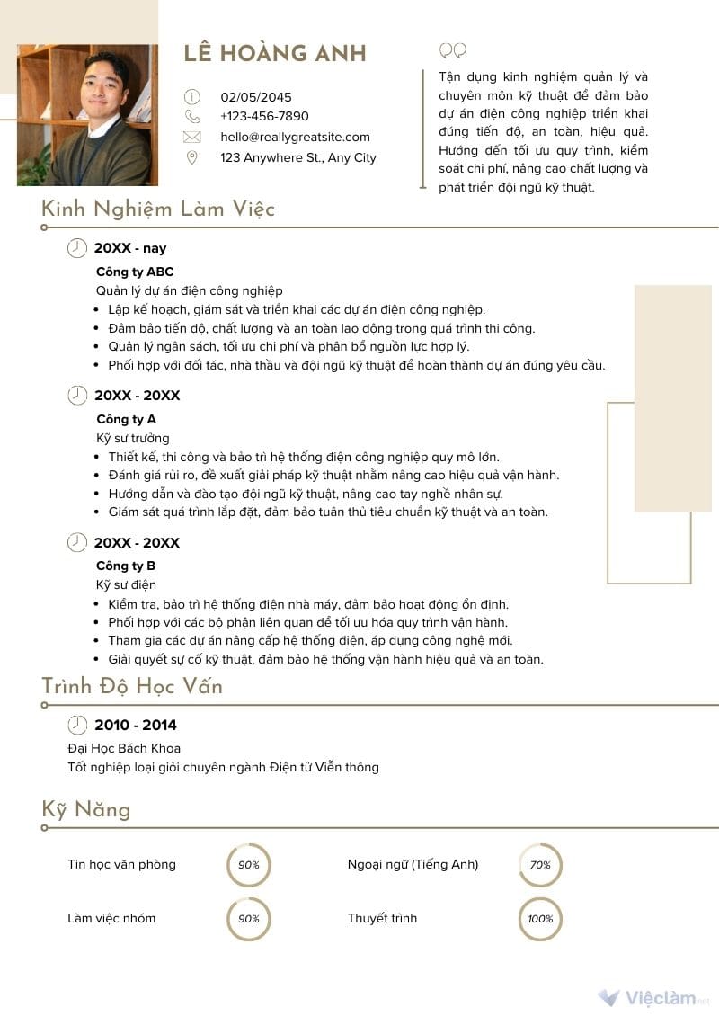 Mẫu CV dành cho vị trí quản lý dự án điện công nghiệp 1
