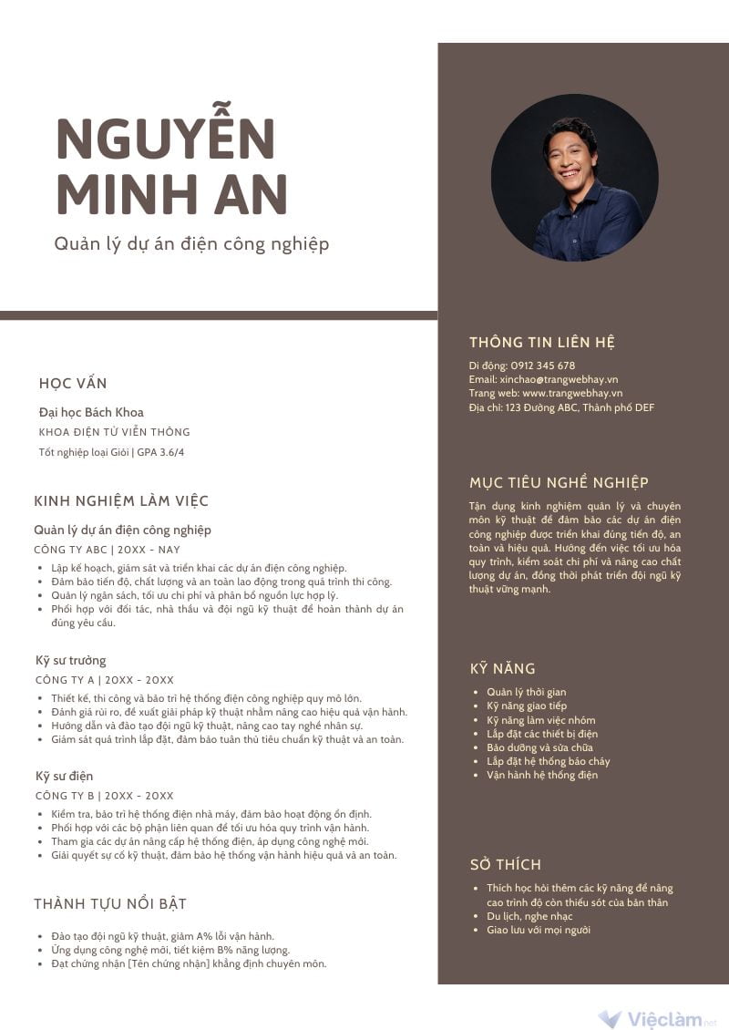 Mẫu CV dành cho vị trí quản lý dự án điện công nghiệp 2