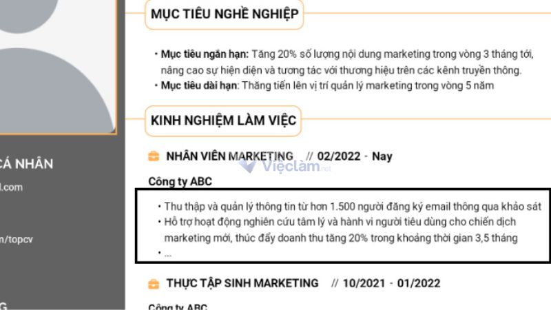 Trong mục này, bạn cần liệt kê các công việc đã từng làm
