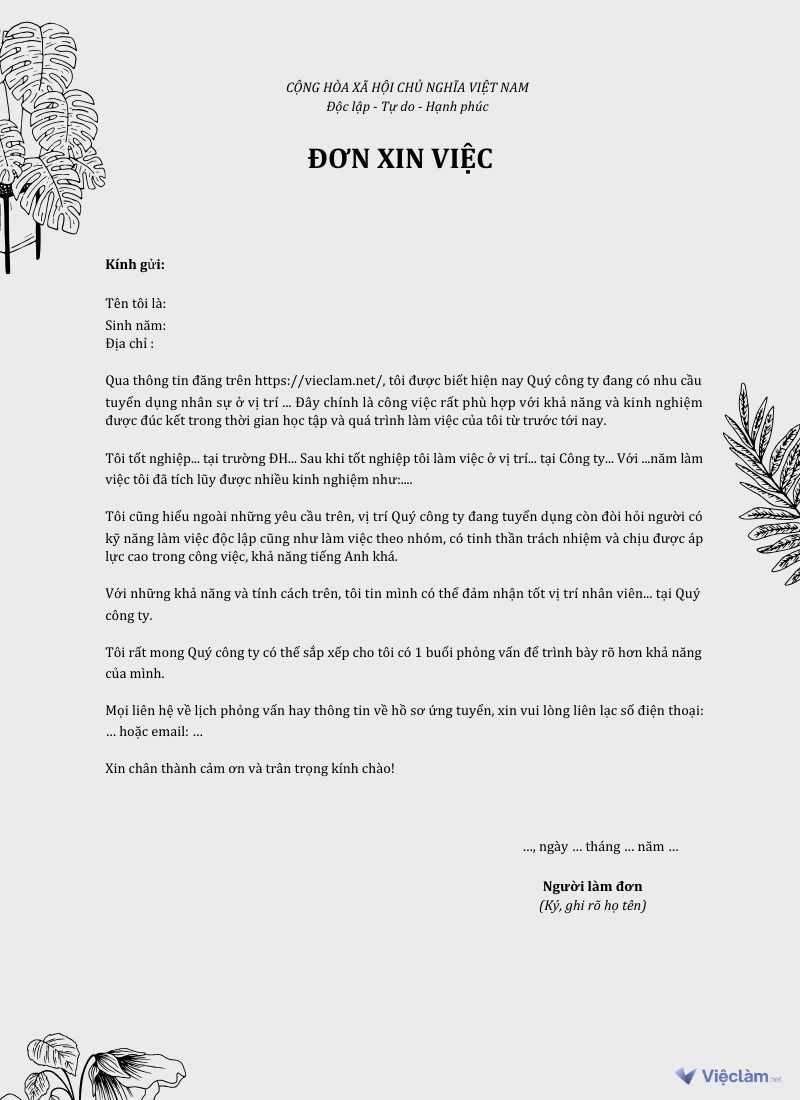 Mẫu đơn xin việc cho Sinh viên mới ra trường