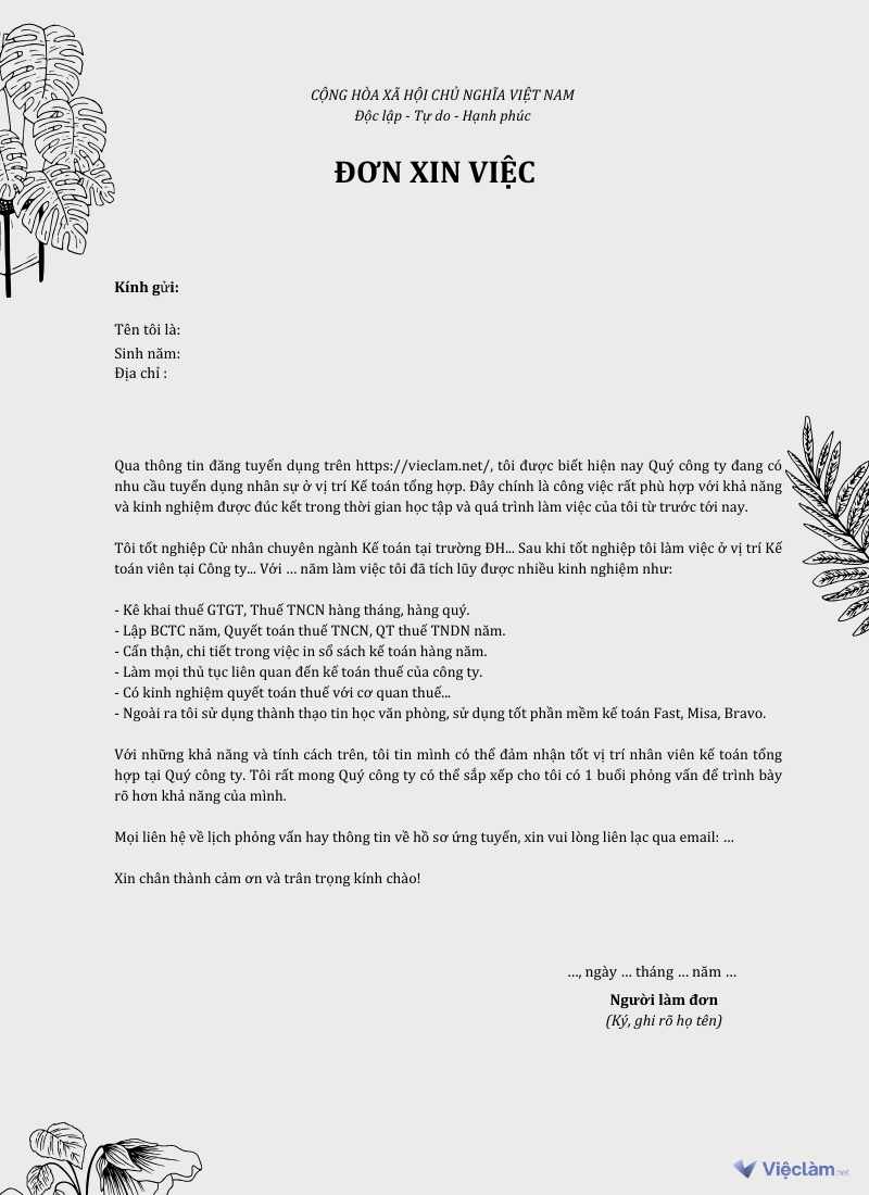 Mẫu đơn xin việc tham khảo cho Nhân viên Kế toán
