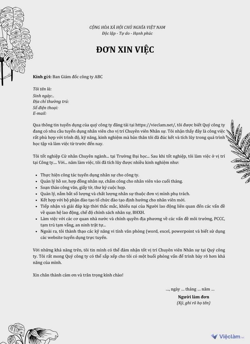 Mẫu đơn xin việc tham khảo cho Chuyên viên Nhân sự