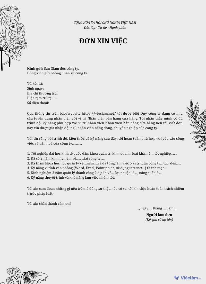 Mẫu đơn xin việc tham khảo cho ngành Kinh doanh/Bán hàng