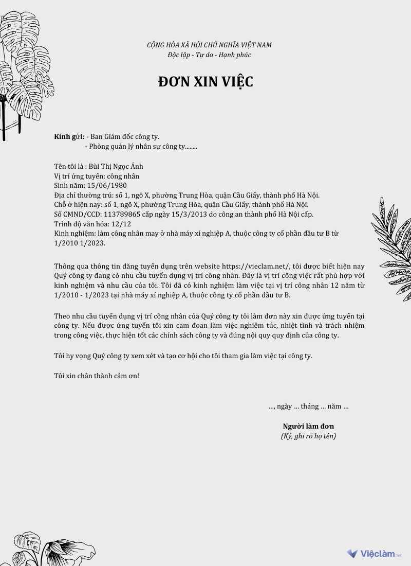 Mẫu đơn xin việc tham khảo cho Công nhân