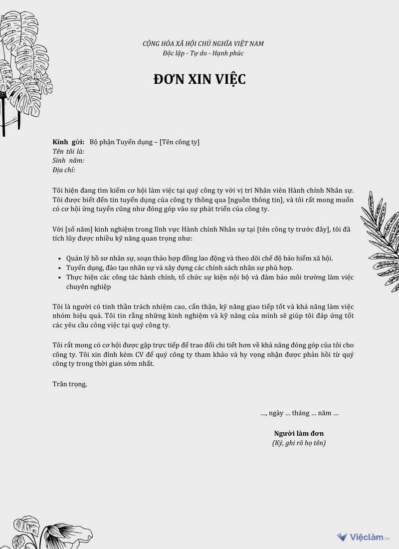 Mẫu đơn xin việc cho Nhân viên Hành chính nhân sự