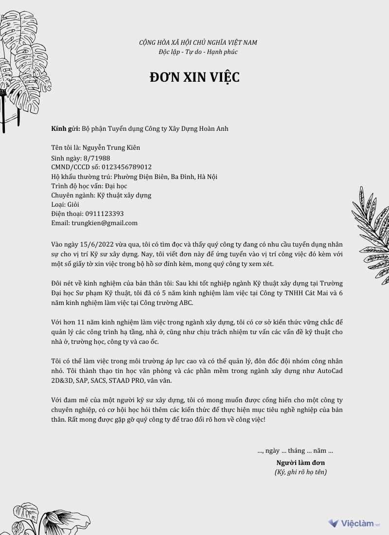 Mẫu đơn xin việc tham khảo cho Kỹ sư xây dựng