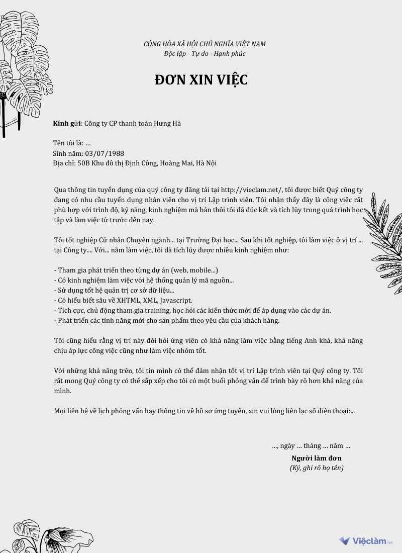 Mẫu đơn xin việc chuẩn dành cho Developer
