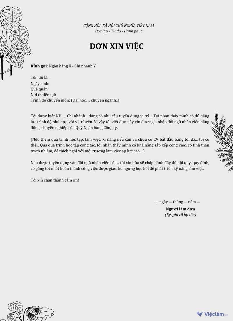 Mẫu đơn xin việc tham khảo cho ngành Ngân hàng