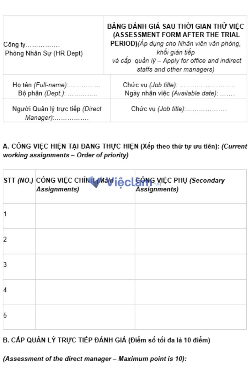 Biểu mẫu đánh giá thử việc chuyên nghiệp