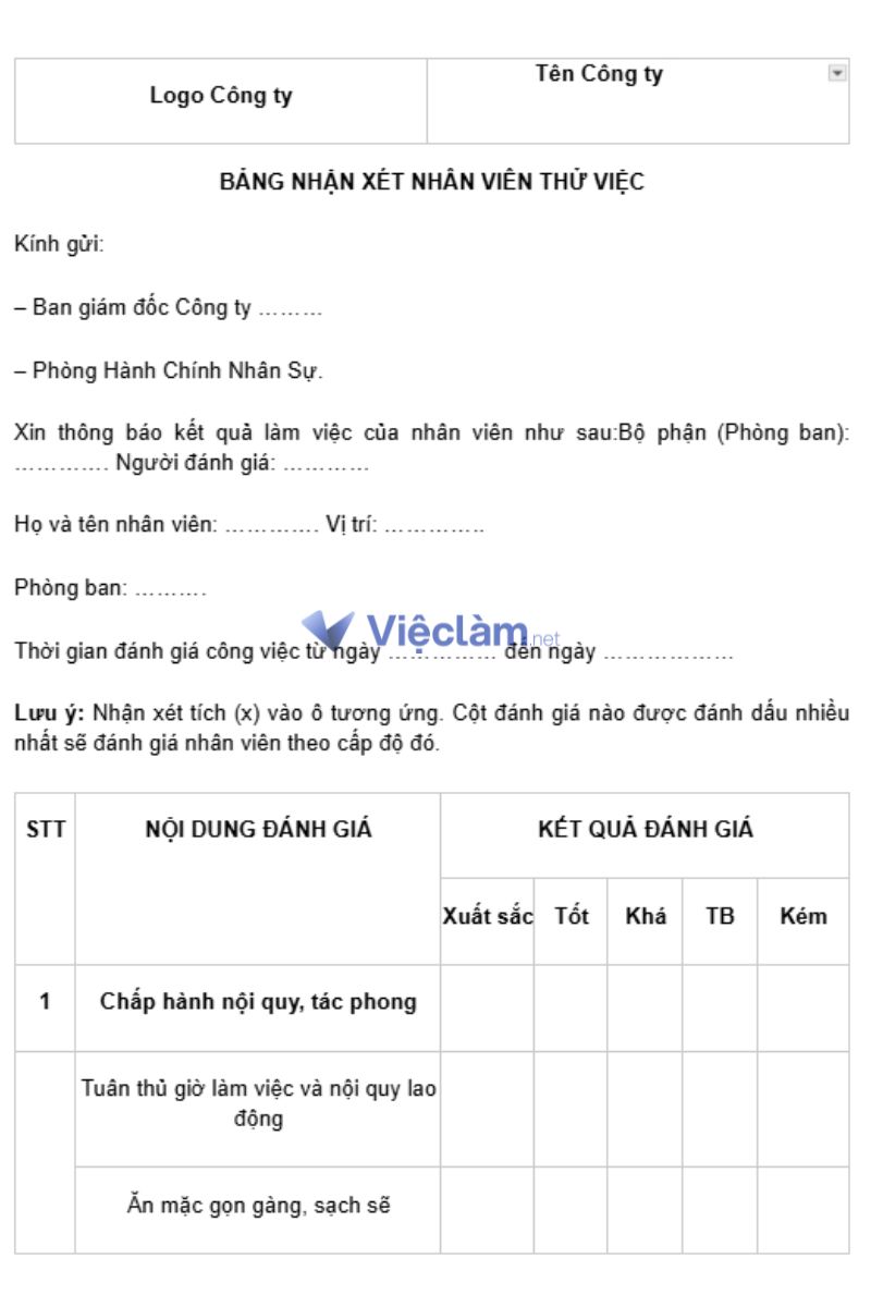 Mẫu nhận xét đánh giá nhân viên thử việc