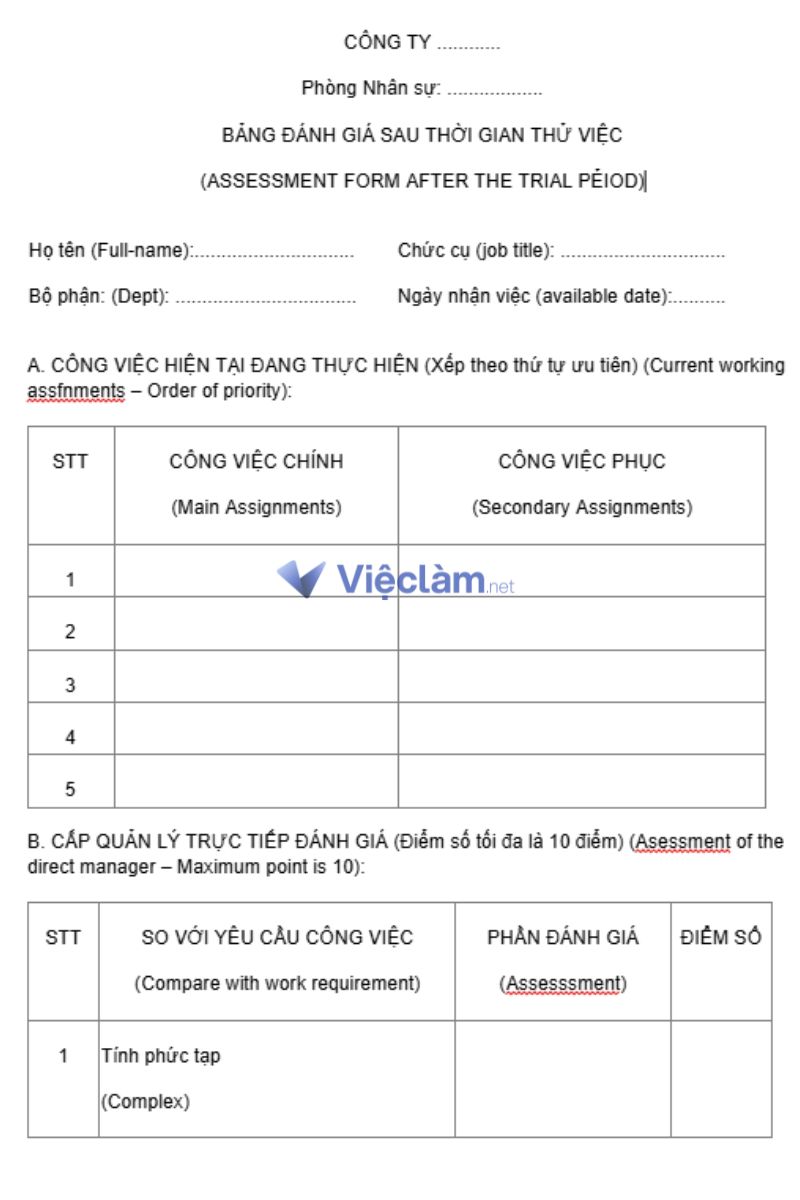 Mẫu form đánh giá nhân viên sau thử việc