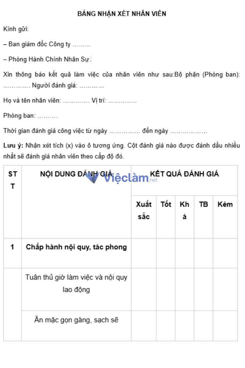 Bảng đánh giá năng lực nhân viên thử việc