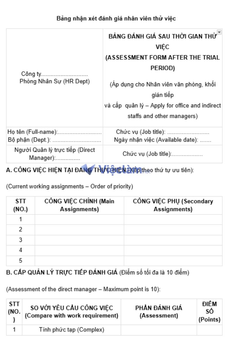 Mẫu đánh giá hiệu suất thử việc chuyên nghiệp