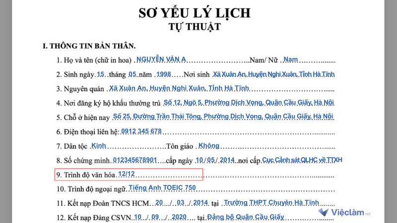 Cách ghi trình độ văn hóa trong sơ yếu lý lịch