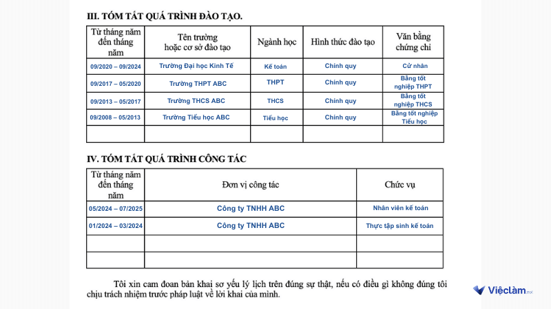 Làm công tác gì trong sơ yếu lý lịch xin việc