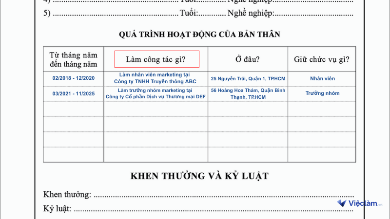 Cách ghi làm công tác gì trong sơ yếu lý lịch tự thuật
