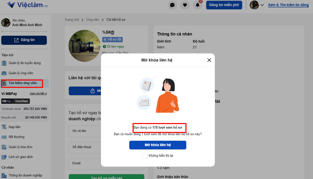 Mở khóa liên hệ ứng viên