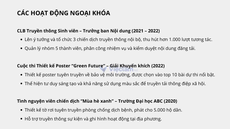 Cách viết các hoạt động đã tham gia trong CV