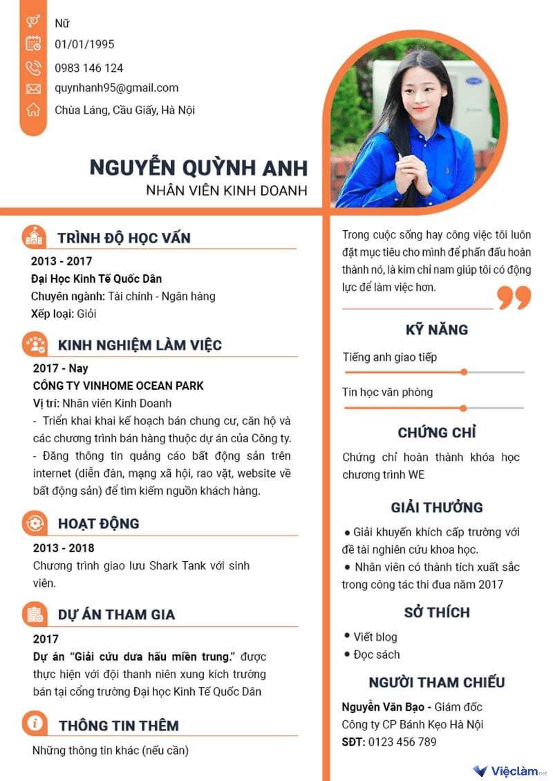 Mẫu CV cho Nhân viên kinh doanh