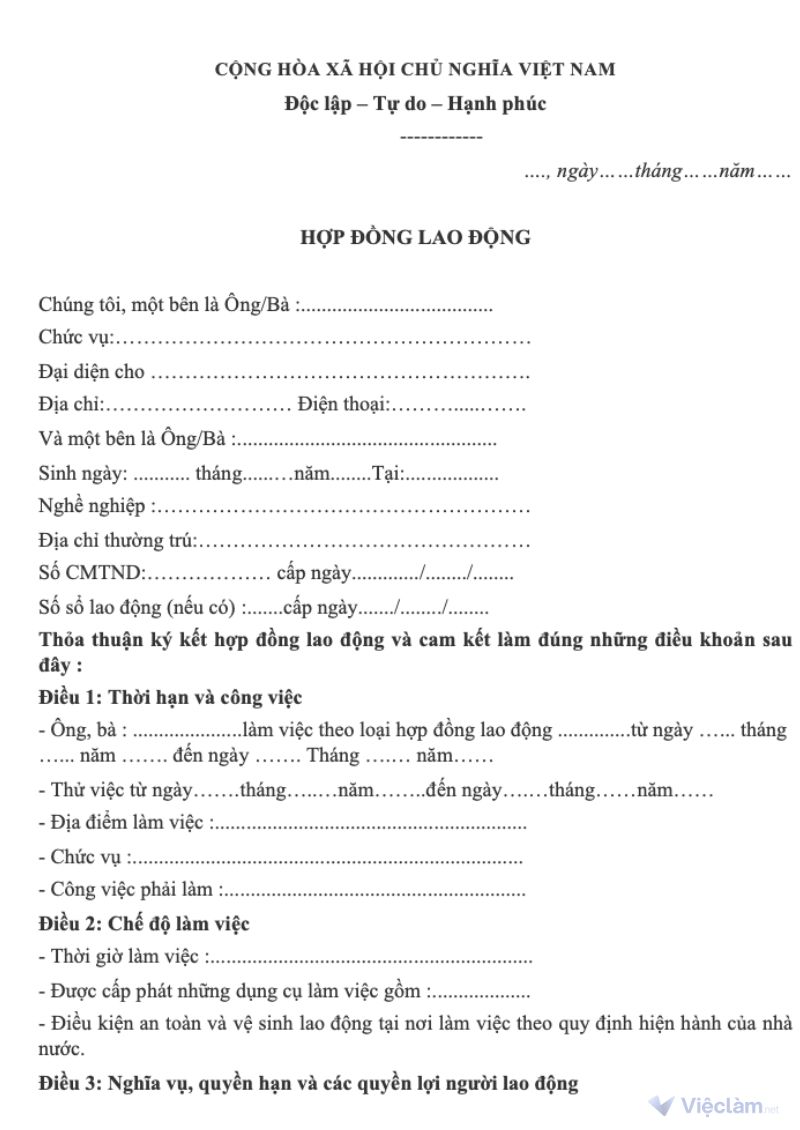 Mẫu hợp đồng lao động kèm thử việc