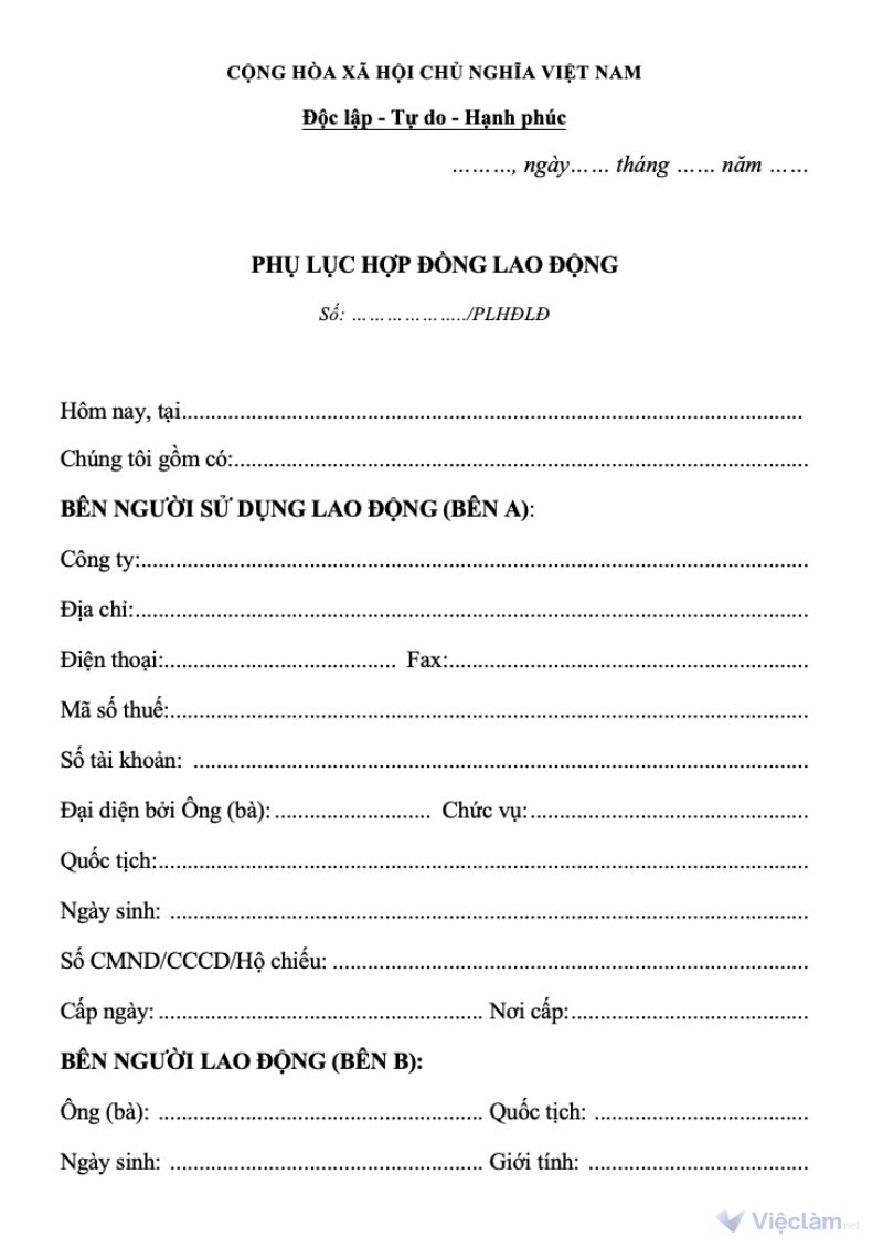 Mẫu phụ lục hợp đồng lao động