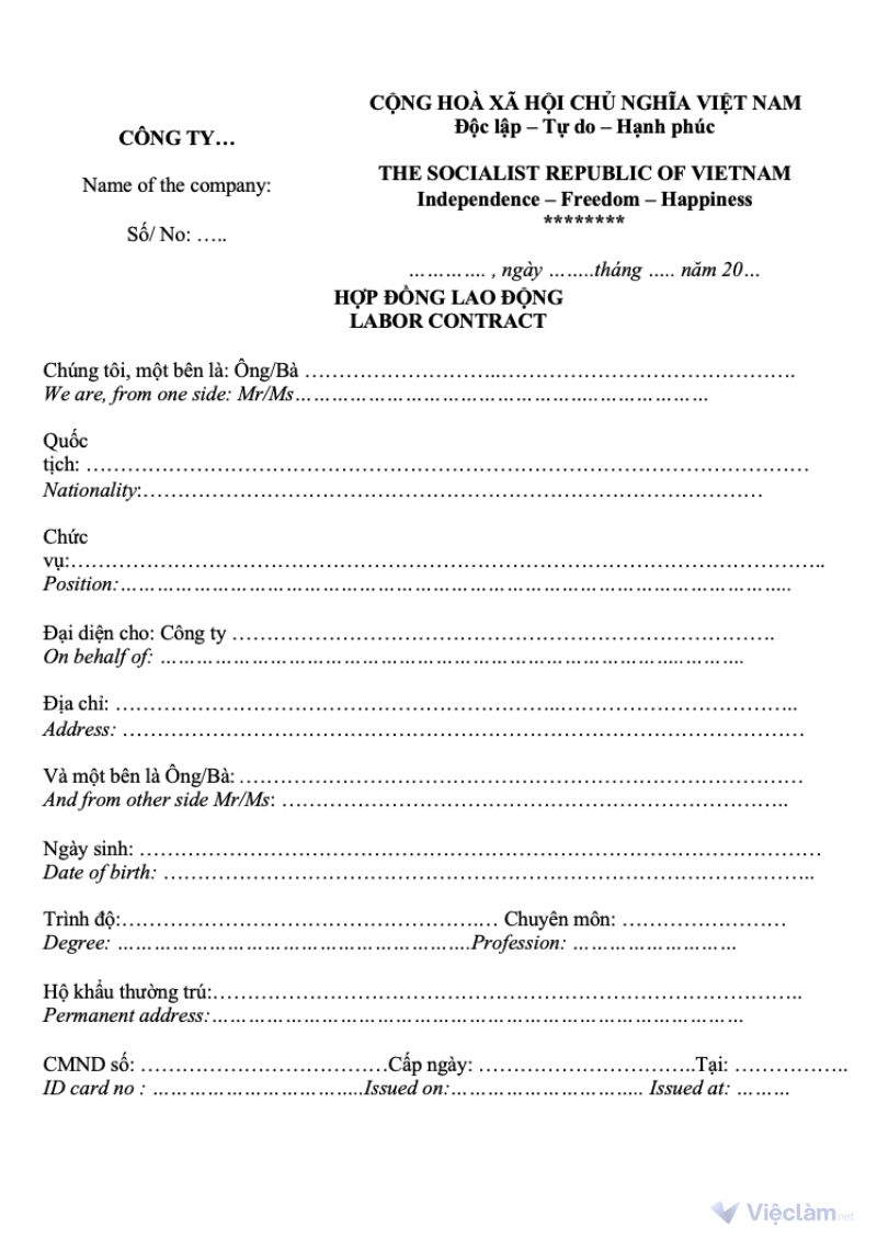 Mẫu hợp đồng song ngữ Anh – Việt