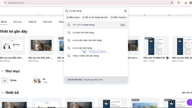 Tìm kiếm mẫu CV trên Canva