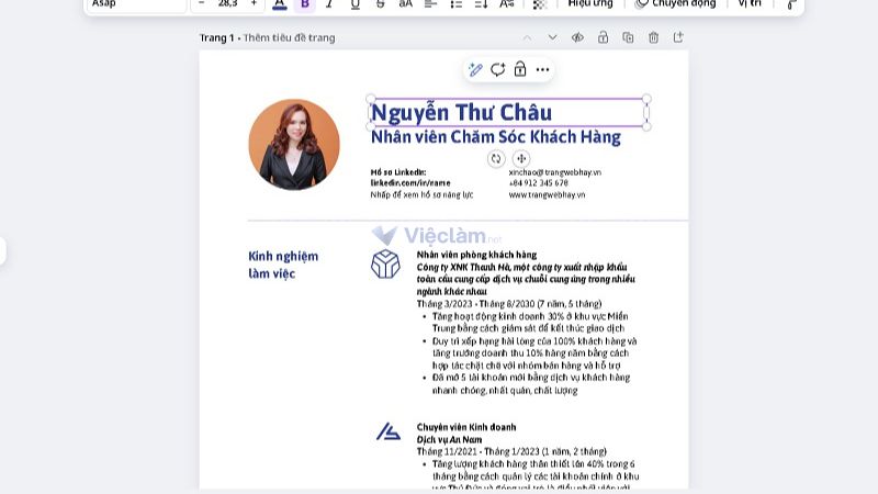 Việc chọn mẫu có sẵn là cách làm CV trên Canva khá đơn giản, bạn chỉ cần điều chỉnh thông tin có sẵn