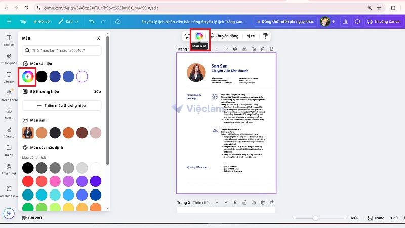 Cách làm CV trên Canva với bước chọn sửa màu nền của CV