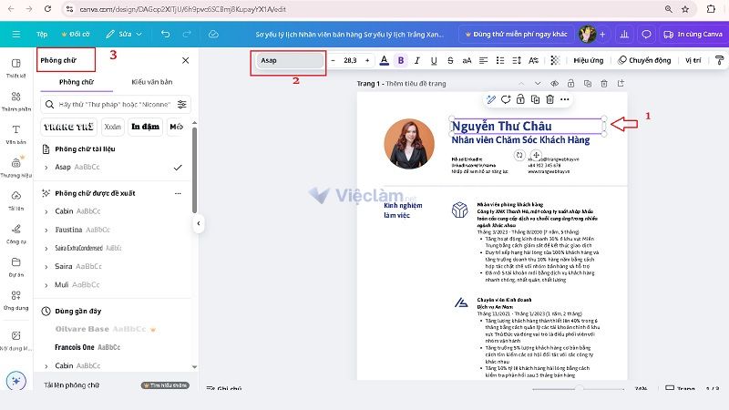 Cách điều chỉnh font chữ khi làm CV trên Canva