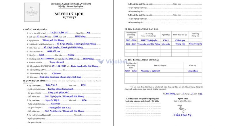 Sơ yếu lý lịch viết tay.