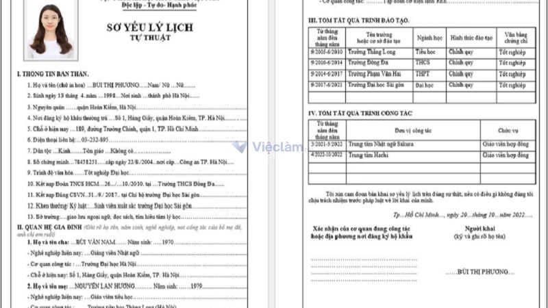 Sơ yếu lý lịch đánh máy.
