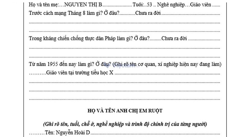 Mục thông tin thân nhân trong sơ yếu lý lịch.