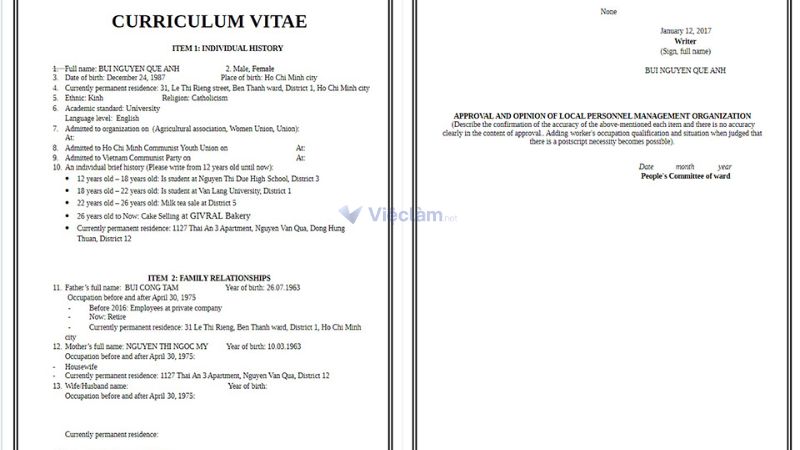 Mẫu sơ yếu lý lịch chuẩn bằng tiếng Anh.