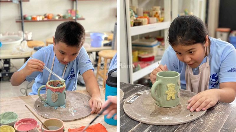 Khách hàng nhí đang làm gốm tại Spin & Gogh