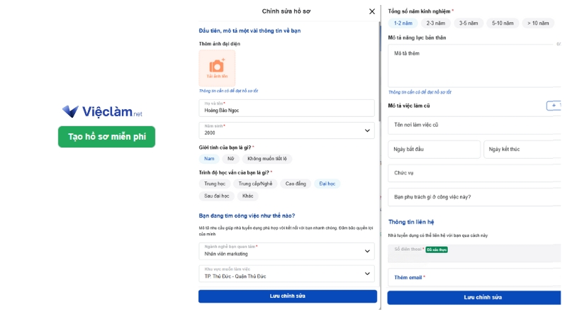 Tạo hồ sơ xin việc online trên Vieclam.net
