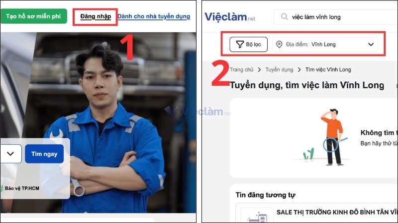 Đăng nhập và sử dụng bộ lọc tìm việc tại Vĩnh Long