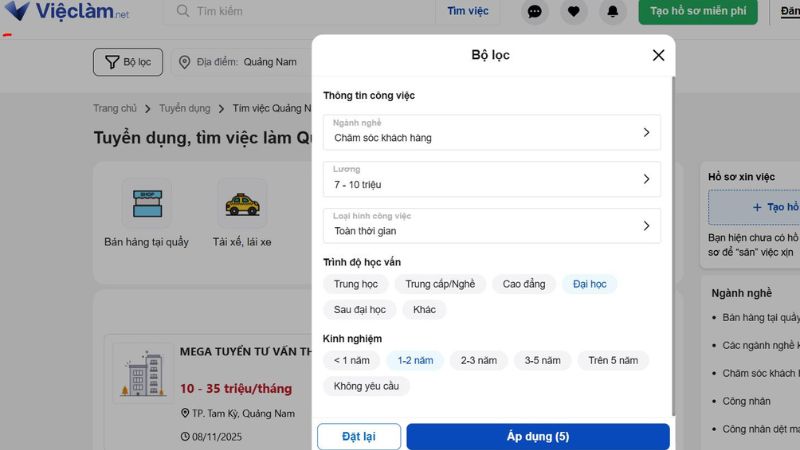 Sử dụng bộ lọc trên giao diện