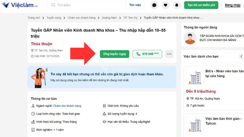 nhấn vào "Ứng tuyển ngay" để ứng tuyển vị trí công việc