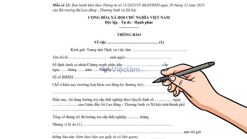 Mẫu đơn số 23 - Thông báo về việc chấm dứt hưởng trợ cấp thất nghiệp