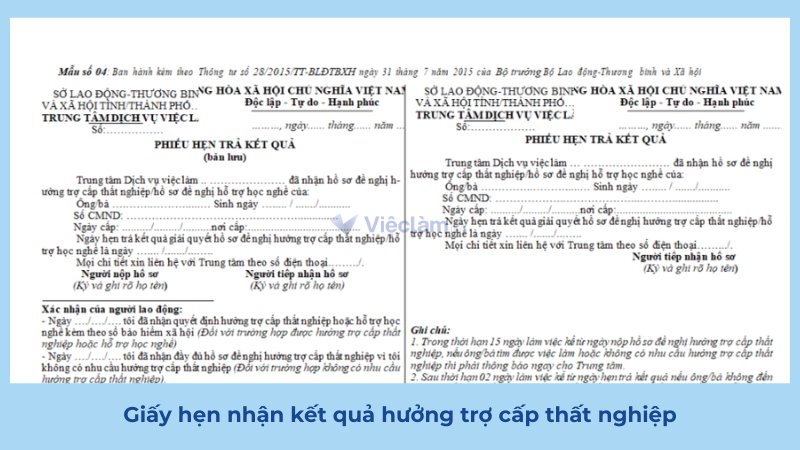 Giấy hẹn nhận kết quả hưởng trợ cấp thất nghiệp