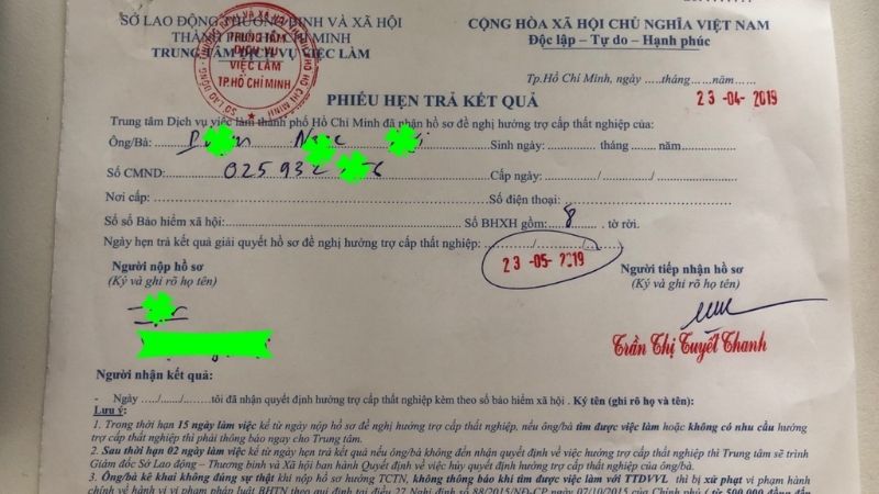 Phiếu hẹn trả kết quả trợ cấp thất nghiệp