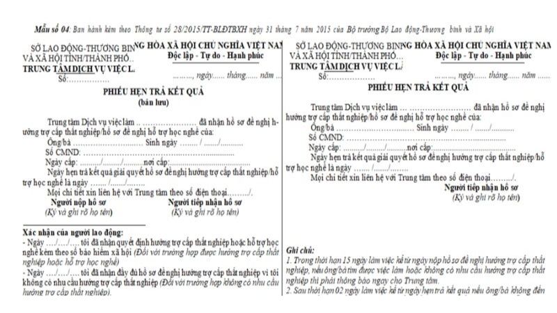 Phiếu hẹn trả kết quả trợ cấp thất nghiệp (Nguồn: Thư viện pháp luật)