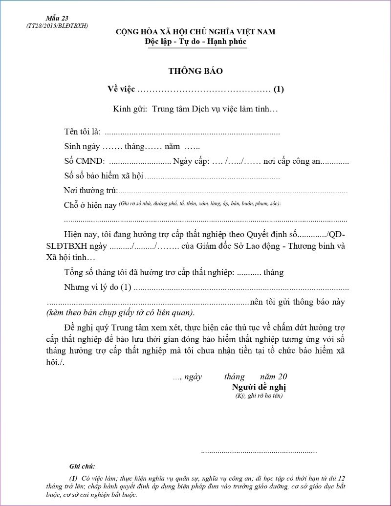 Đơn thông báo về việc tìm kiếm việc làm (Nguồn: Thư viện Pháp luật)
