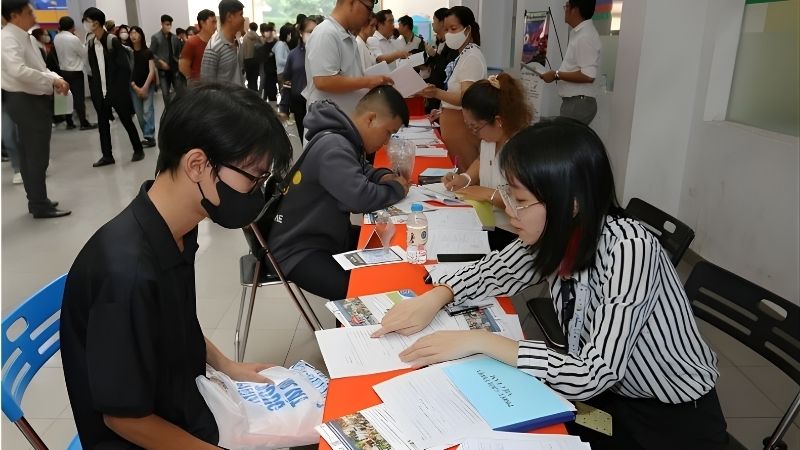 Cán bộ đang hướng dẫn người lao động điền thông tin ứng tuyển tại một Sàn giao dịch việc làm ở TP.HCM