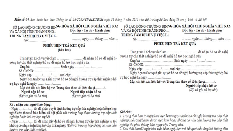 Phiếu ghi hẹn trả kết quả hưởng trợ cấp thất nghiệp (Nguồn: Thư viện pháp luật)